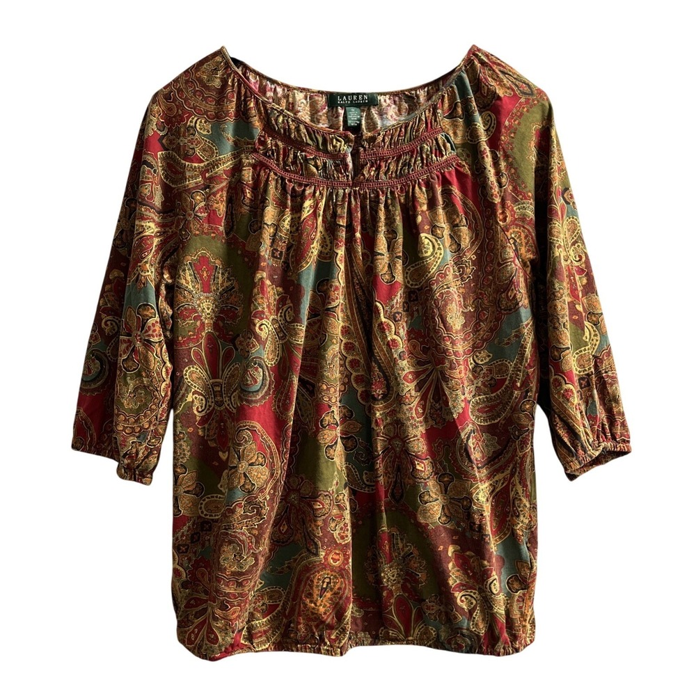Lauren Ralph Lauren Top Brown Paisley Floral Womens 1X Preppy Fall Blouse Office
